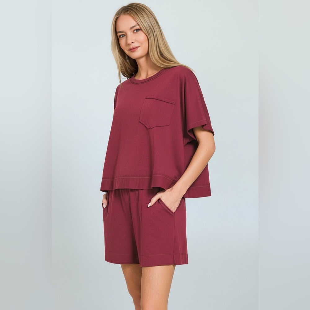 Zenana Cabernet Women's Boxy Top & Shorts Set